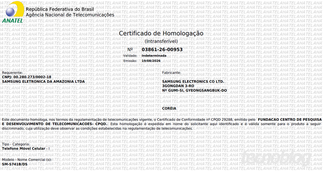Captura de tela do certificado de homologação do Galaxy S26 FE