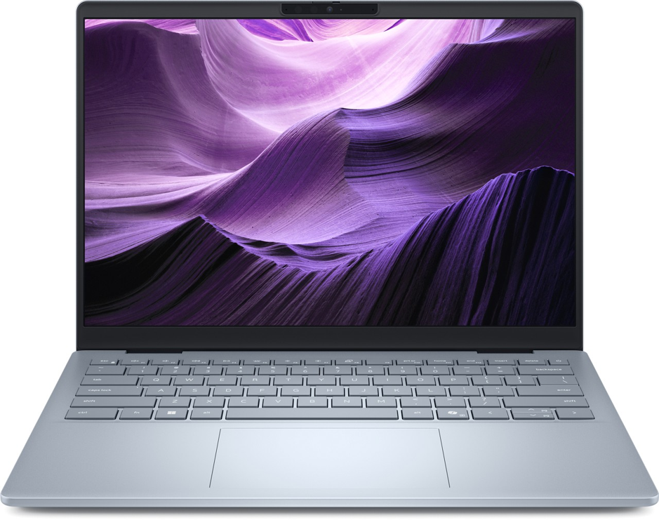 Vista frontal de notebook prateado aberto em fundo branco, destacando teclado compacto, touchpad centralizado e tela com papel de parede em tons de roxo.