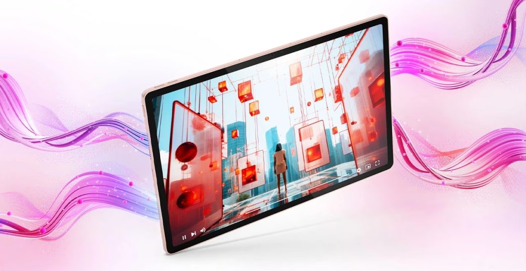 Tela de tablet exibindo um layout de dados e gráficos corporativos com ícones e números