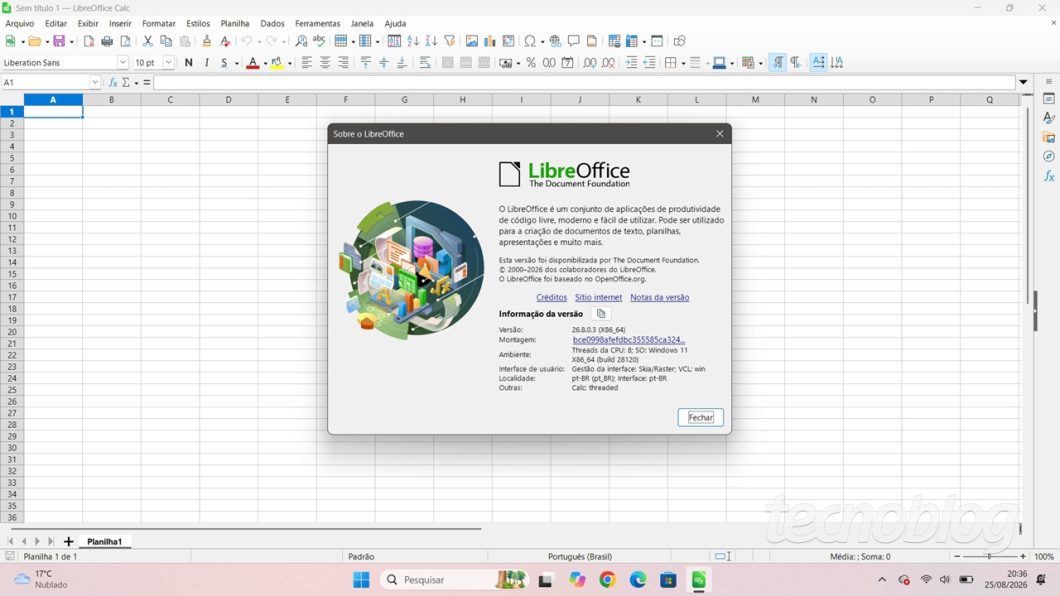 Calc do LibreOffice 26.8 com interface clássica 