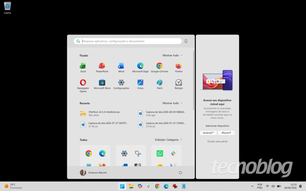 Menu Iniciar compacto no Windows 11