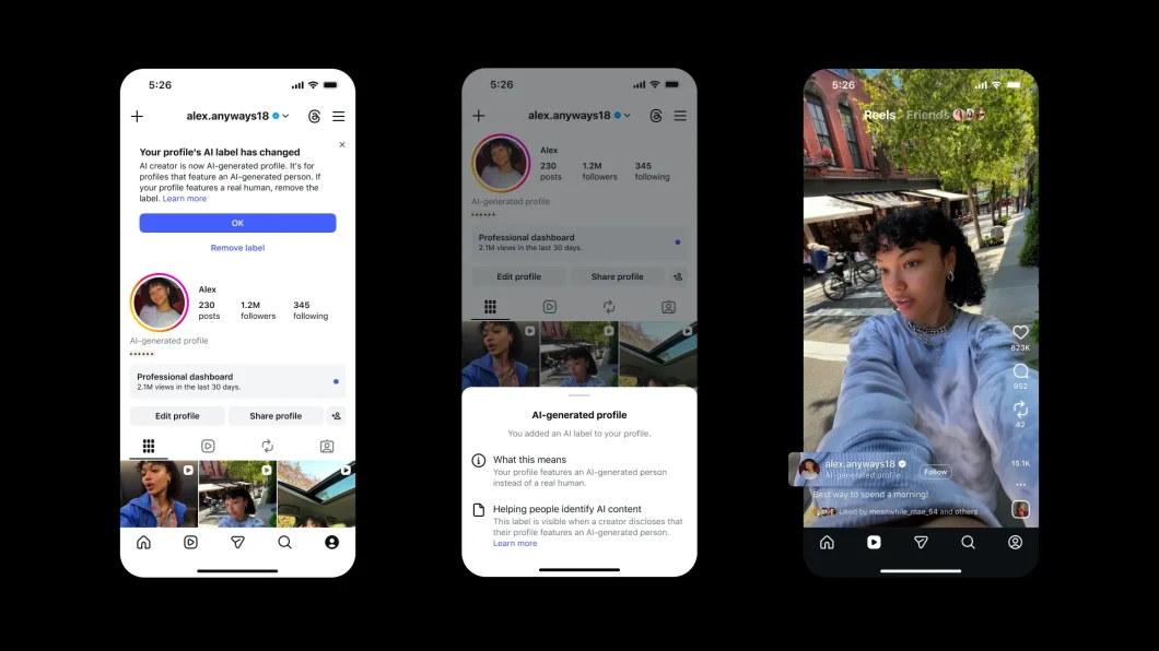 Três telas de smartphones lado a lado com capturas do Instagram de uma conta chamada
