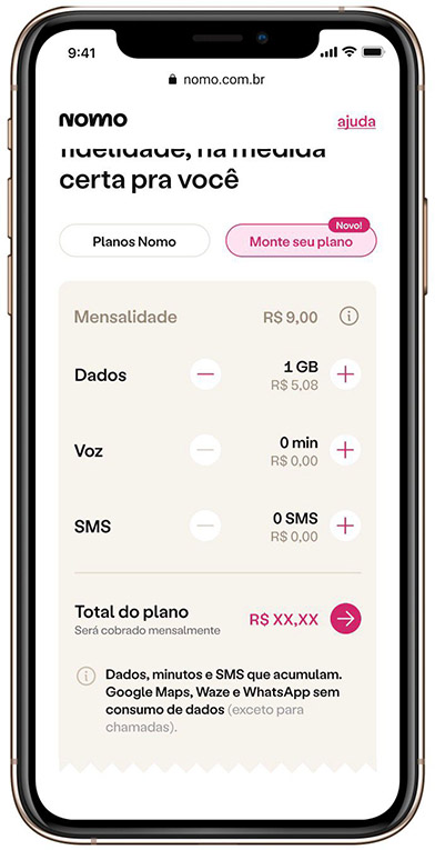 Tela do app da operadora Nomo com gestão digital de planos e valores mensais