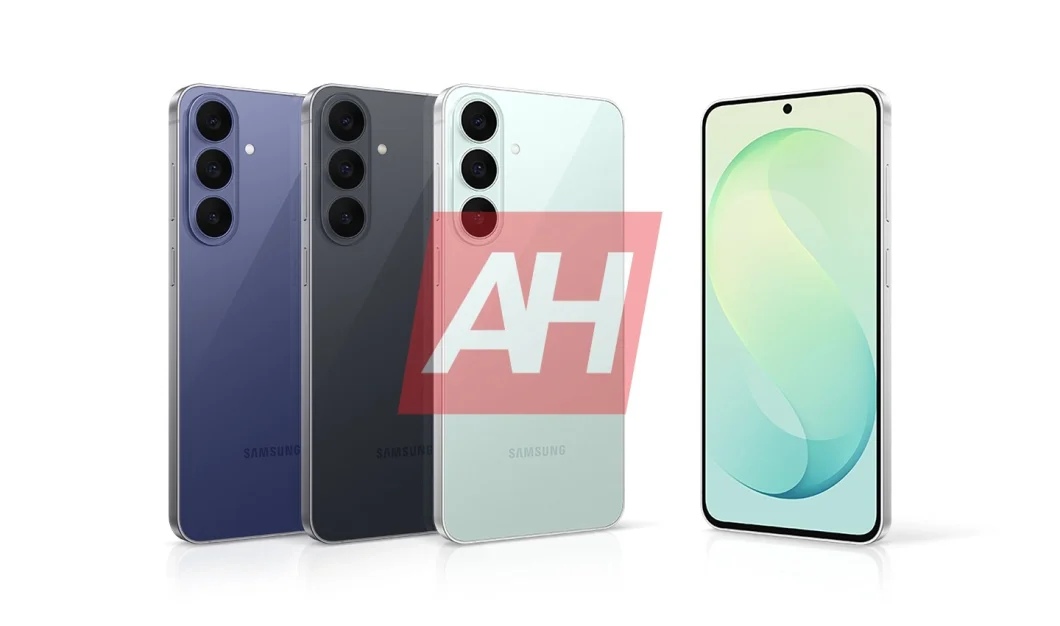 Imagem promocional vazada mostra quatro celulares lado a lado, que seriam modelos Galaxy S26 FE. Eles são das cores azul, preto e verde claro. O último, à direita, está com a tela virada para a câmera. 