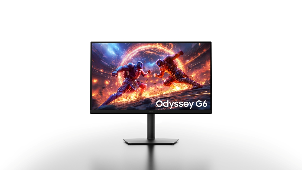 Imagem mostra o monitor gamer Odissey G6, em um fundo de cor branca