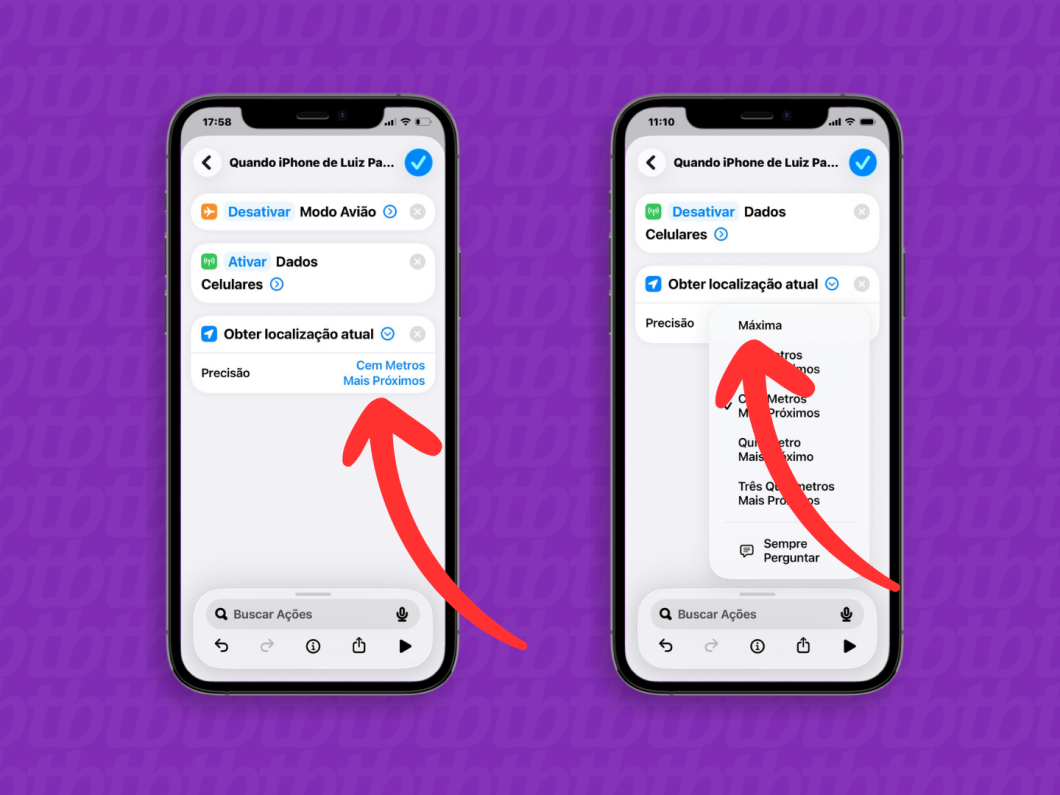 Tela do app Atalhos mostrando a opção Precisão com “Máxima” selecionada para a localização do iPhone roubado