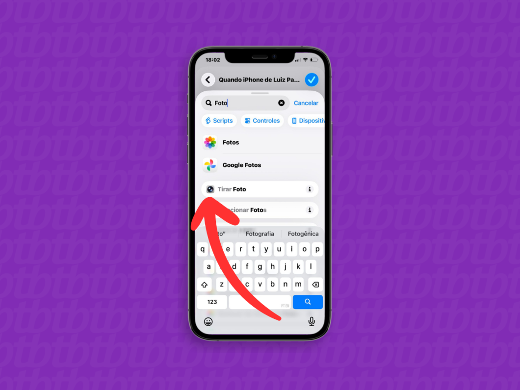 Tela do app Atalhos mostrando a ação “Tirar Foto” sendo selecionada na configuração de automação