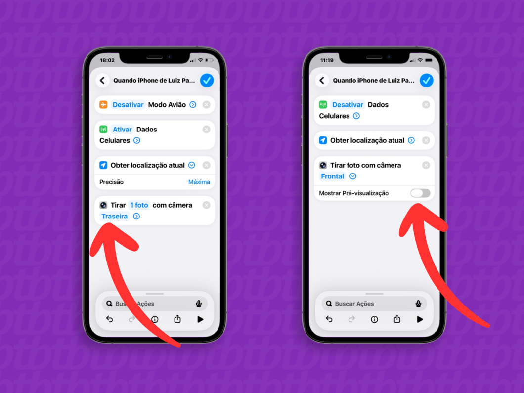 Definindo “câmera frontal” em “Tirar foto com câmera” e desativando “Mostrar Pré-visualização” no app Atalhos