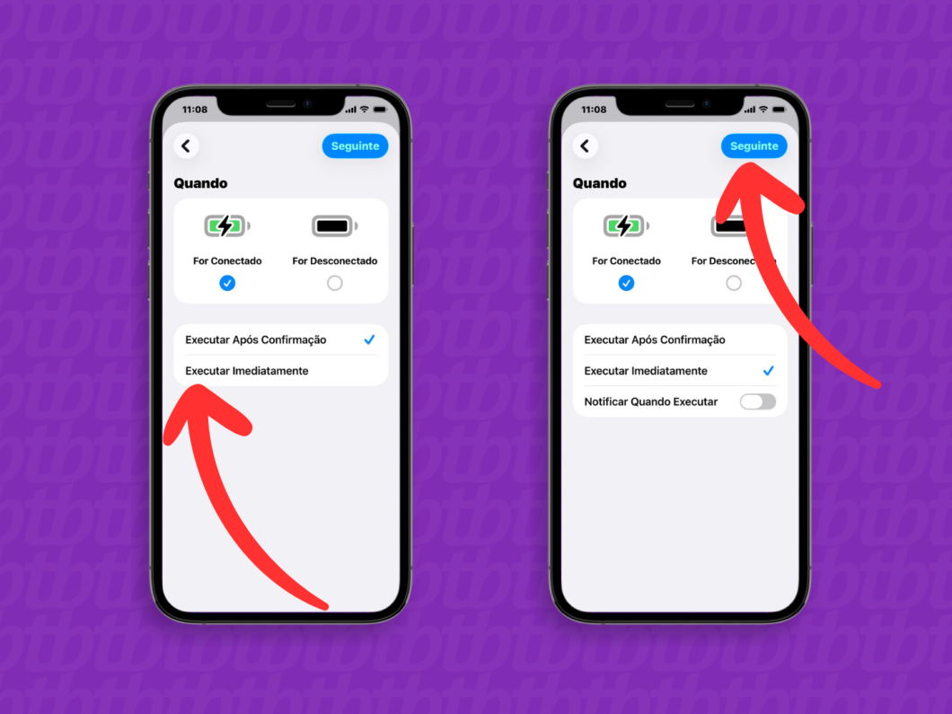 Tela do app Atalhos mostrando a opção “Executar imediatamente” marcada e “Notificar Quando Executar” desativada