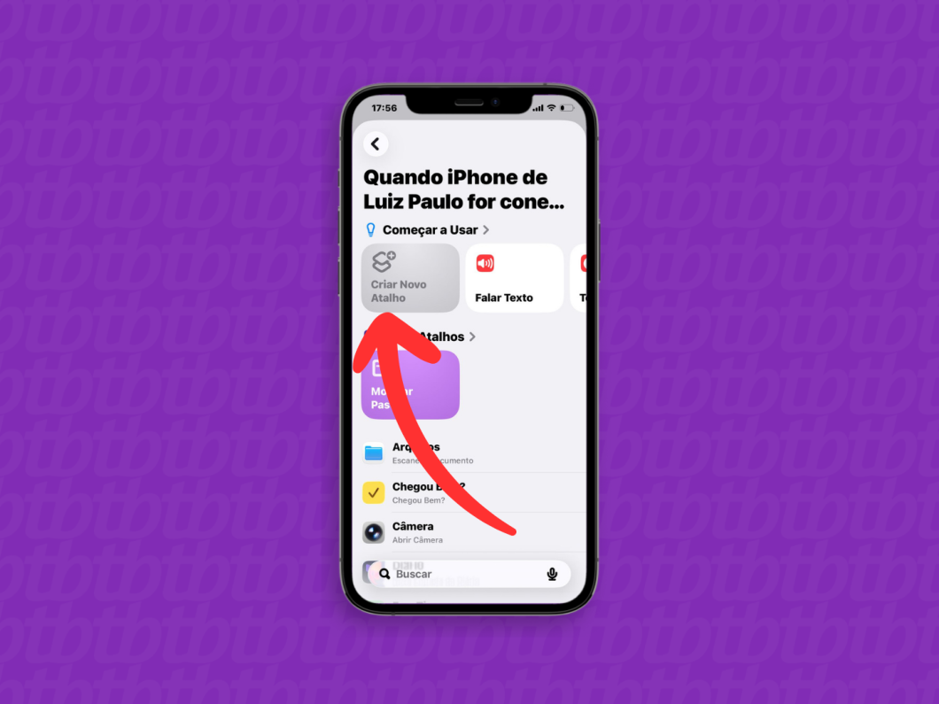 Tela do app Atalhos com a automação “Começar a Usar” e o botão “Criar Novo Atalho” destacado, para iniciar a configuração