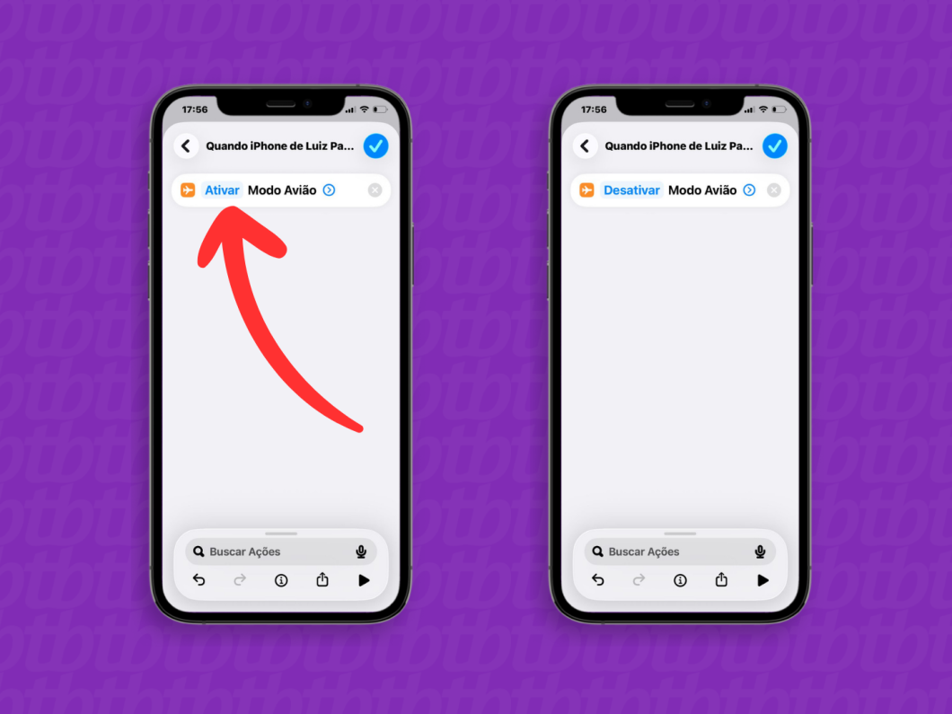Tela do app Atalhos mostrando a ação “Modo Avião” mudando de “Ativar” para “Desativar” ao conectar ao carregador