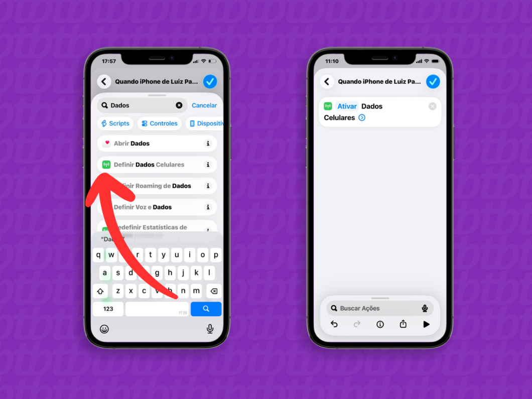 Tela do app Atalhos mostrando a ação “Definir Dados Celulares” com a opção “Ativar Dados Celulares” selecionada