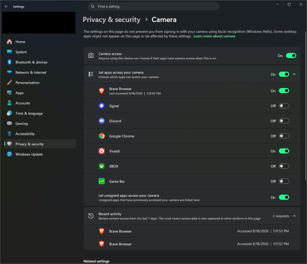 Controle de câmera nas configurações do Windows 11