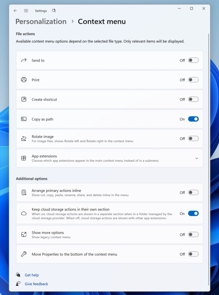 Opções de personalização do novo menu de contexto do Windows 11