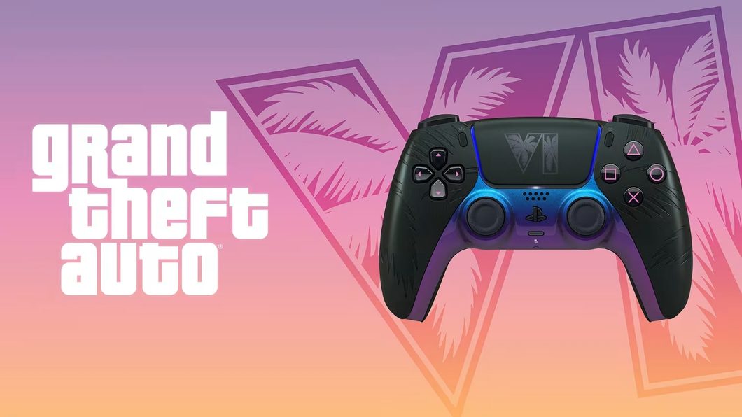 Imagem promocional mostra o controle DualSense de GTA 6 na cor preta com um fundo rosa e laranja. No lado esquerdo, o logo da franquia Grand Theft Auto
