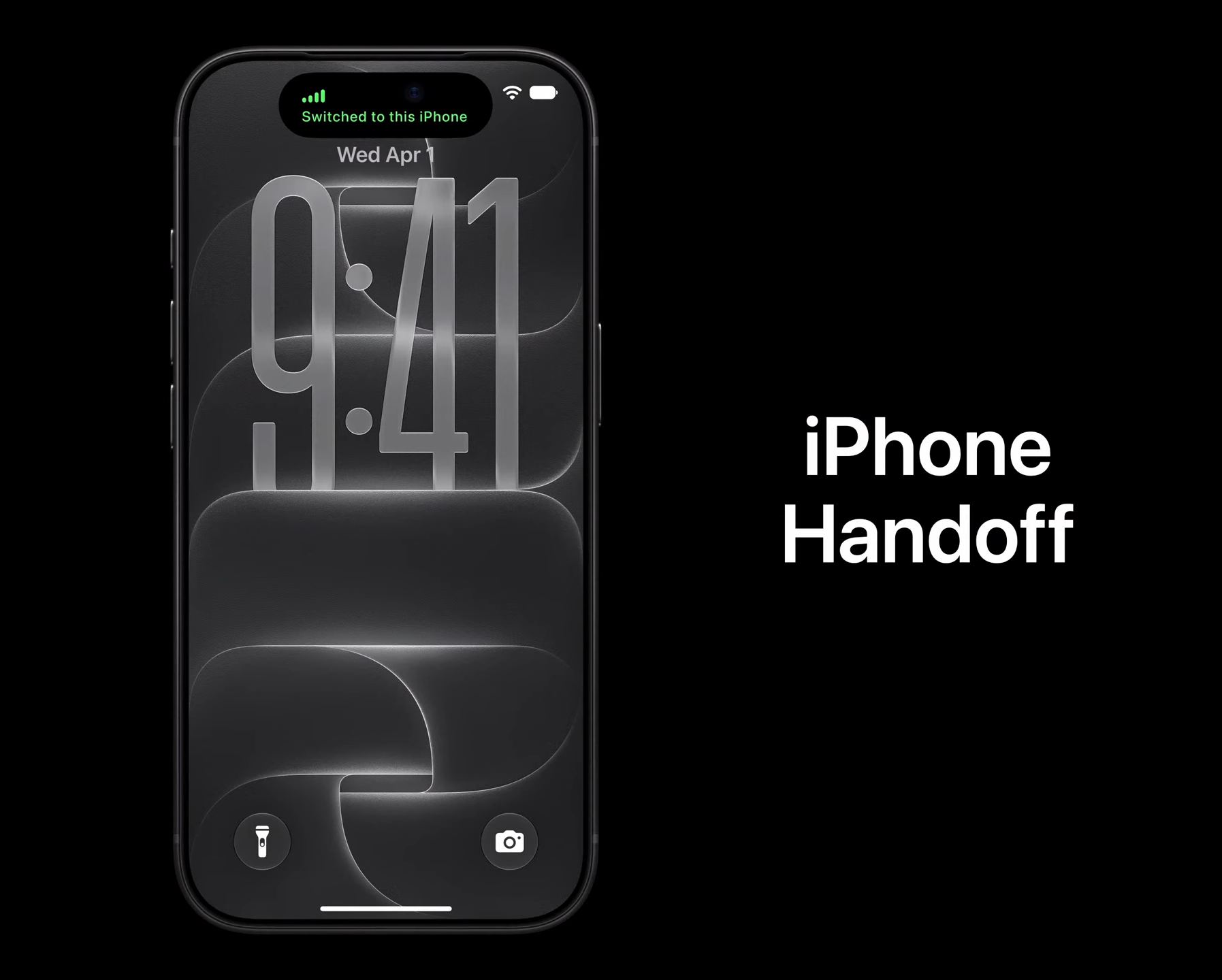 imagem da tela do iPhone 18 Pro com a mensagem "Switched to this iPhone" na Ilha Dinâmica