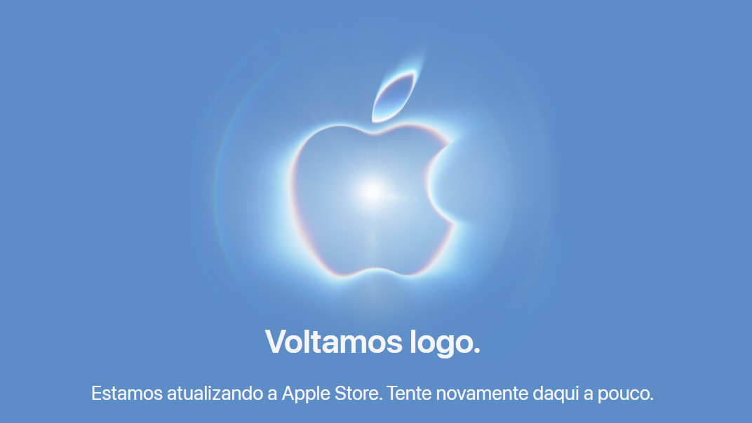 Captura de tela da Apple Store com mensagem “Voltamos logo” e “Estamos atualizando a Apple Store”