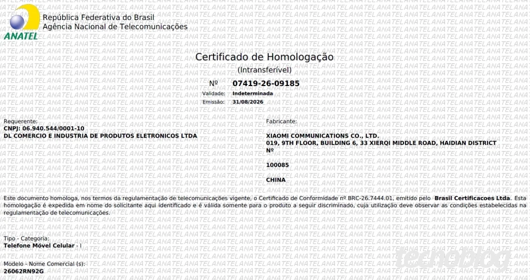 Certificado de homologação da Anatel do Redmi 17 5G (modelo 26062RN92G), com validade indeterminada