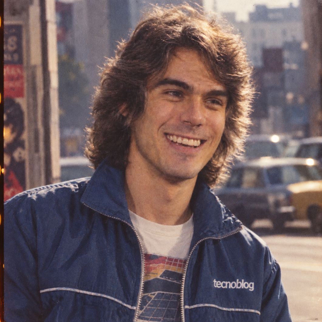 Retrato com estética dos anos 80 gerado a partir de uma foto, com visual retrô e roupas oitentistas