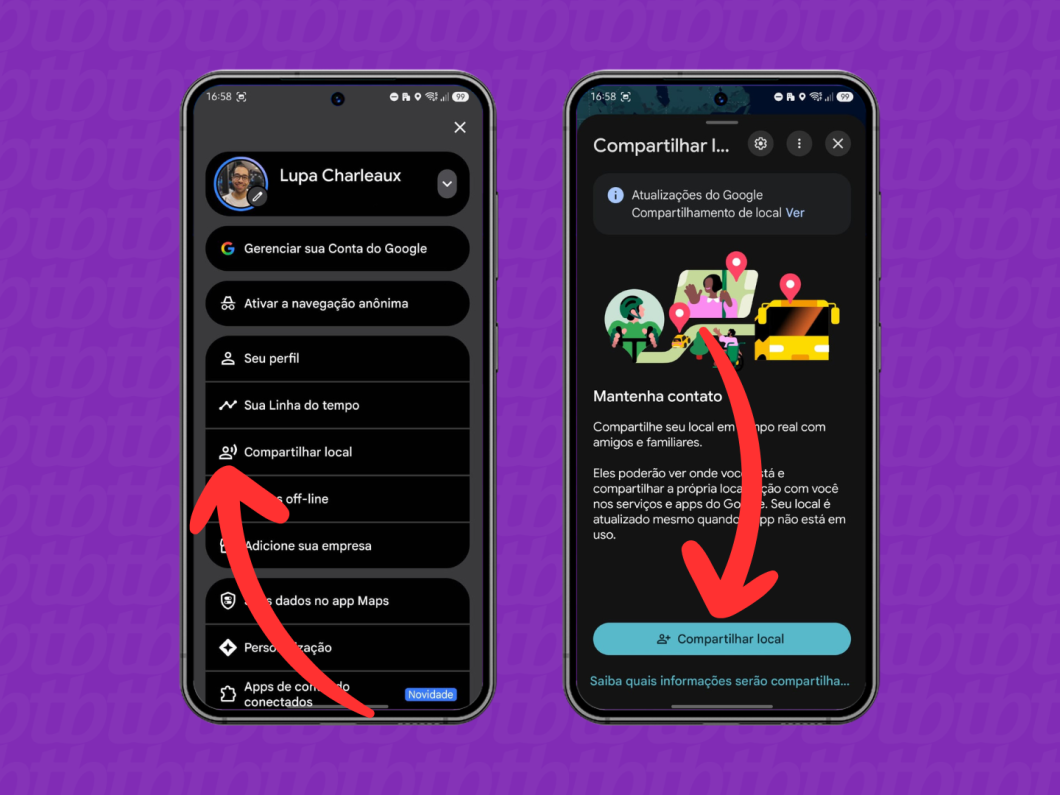 Tela do app do Google Maps com o item “Compartilhar local” selecionado para enviar a localização em tempo real