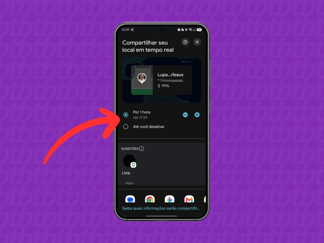 Tela do Google Maps para definir o tempo de compartilhamento da localização em tempo real (Por 1 hora / Até você desativar)