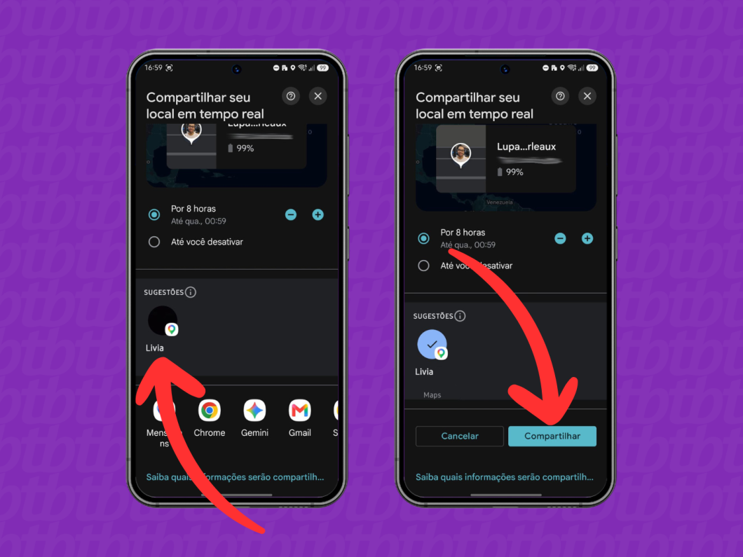 Selecionar o contato e tocar em “Compartilhar” para enviar localização em tempo real no Google Maps
