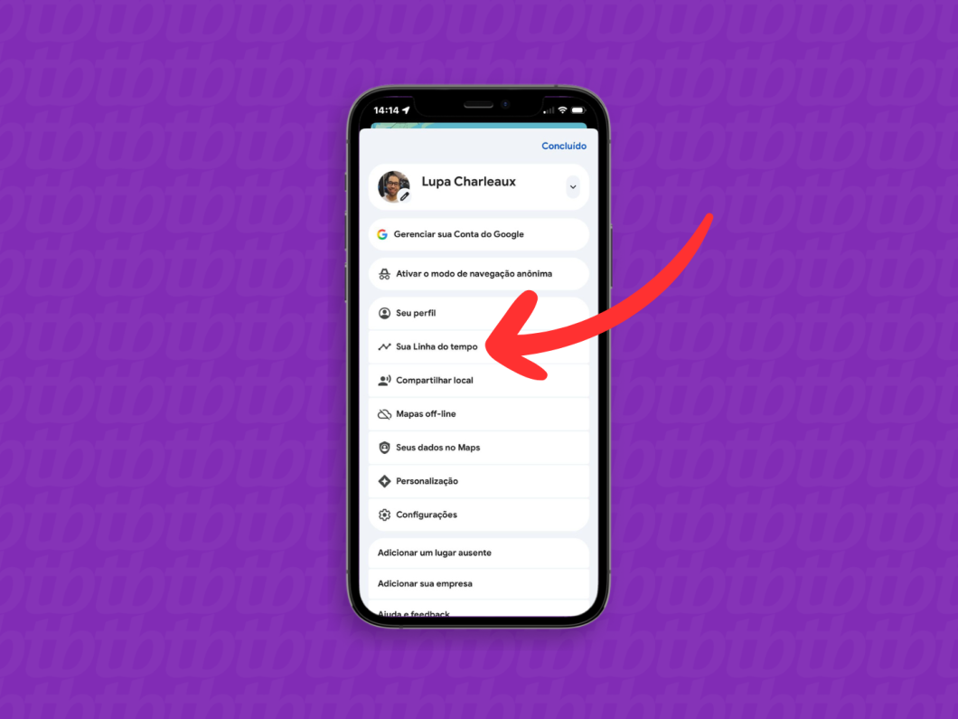 Acessando “Sua Linha do tempo” no menu do Google Maps para localizar o iPhone