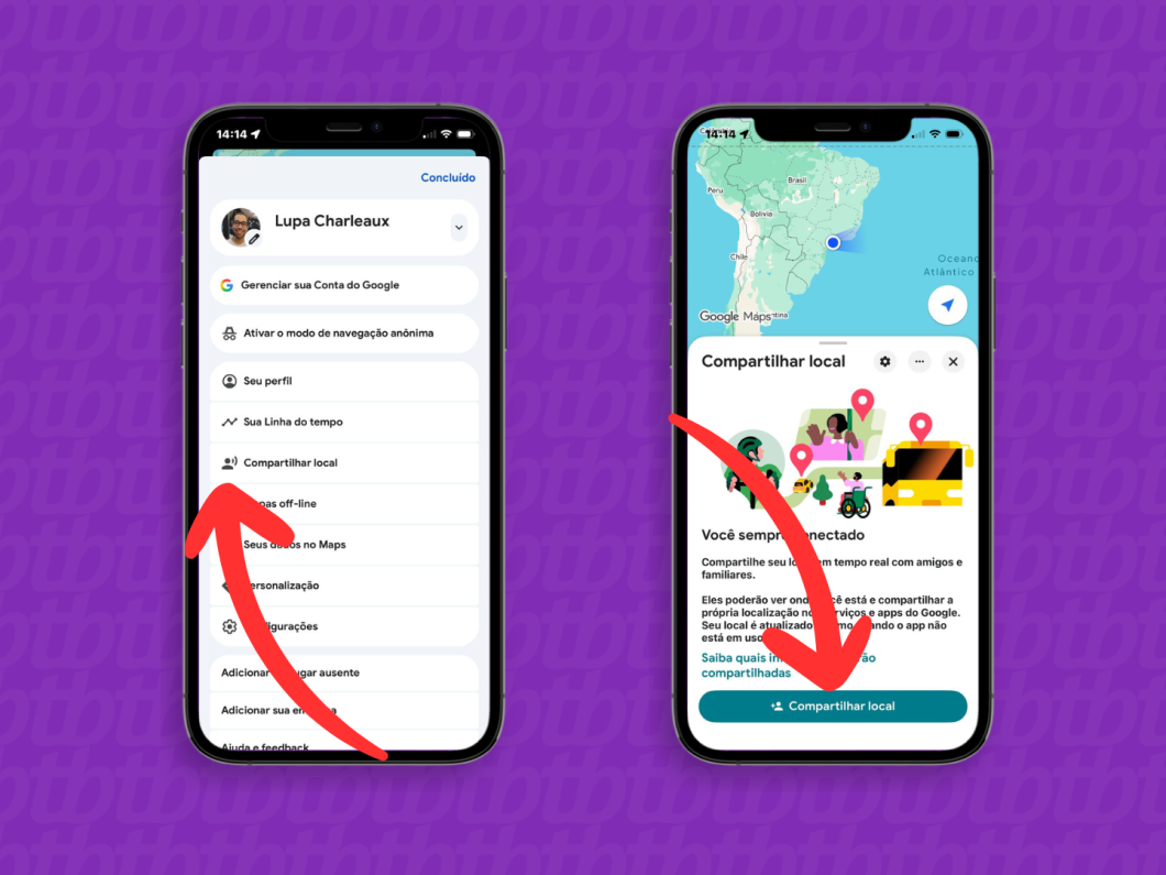 Tela do Google Maps com a opção “Compartilhar local” selecionada para enviar localização em tempo real