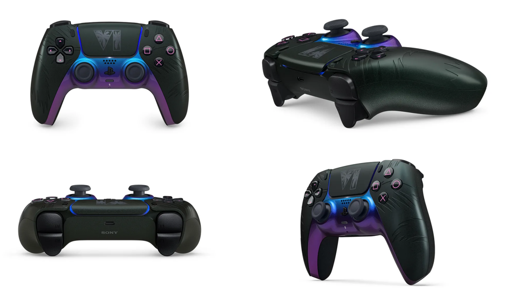 Imagem mostra o controle DualSense de GTA 6 na cor preta, fotografado em diferentes ângulos. O fundo da imagem é branco