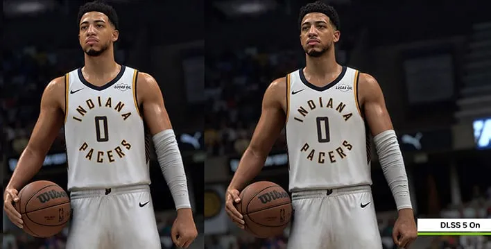 Imagem mostra dois takes do jogo NBA 2k27 sem e com o recurso DLSS 5  da Nvidia ativado, respectivamente 
