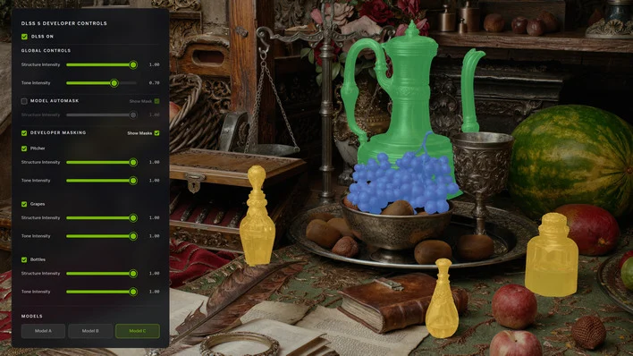 Imagem mostra o painel de configurações do recurso DLSS 5 da Nvidia