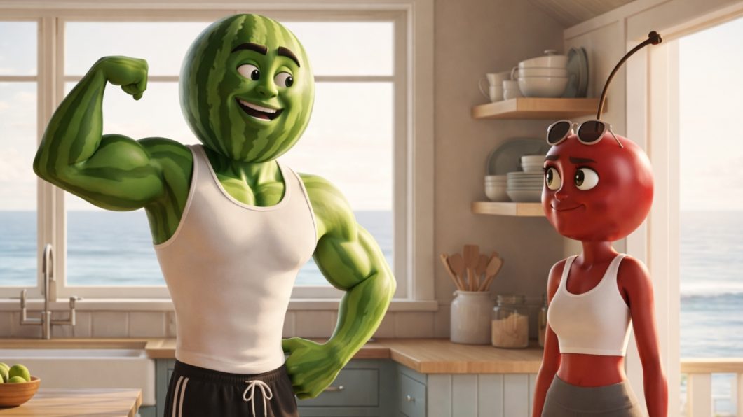 Cena animada com dois personagens de frutas representando “novelas” com frutas do TikTok, exemplo de AI Slop