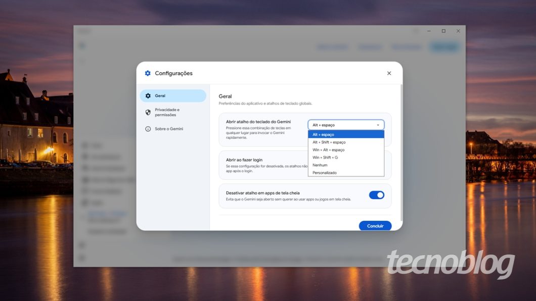 Área de configurações do Gemini no Windows 10