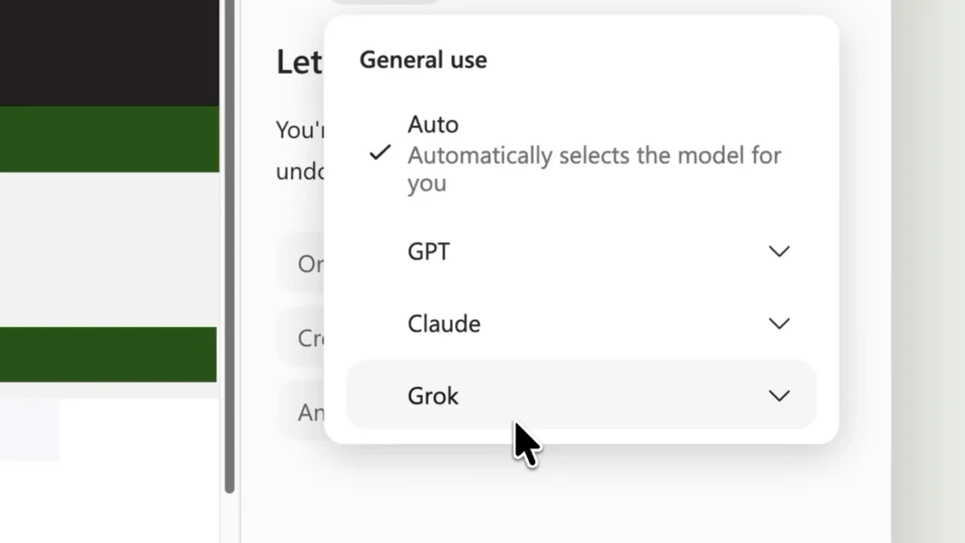 Captura de tela mostra o seletor de modelos de IA do Copilot, que exibe GPT, Claude e Grok