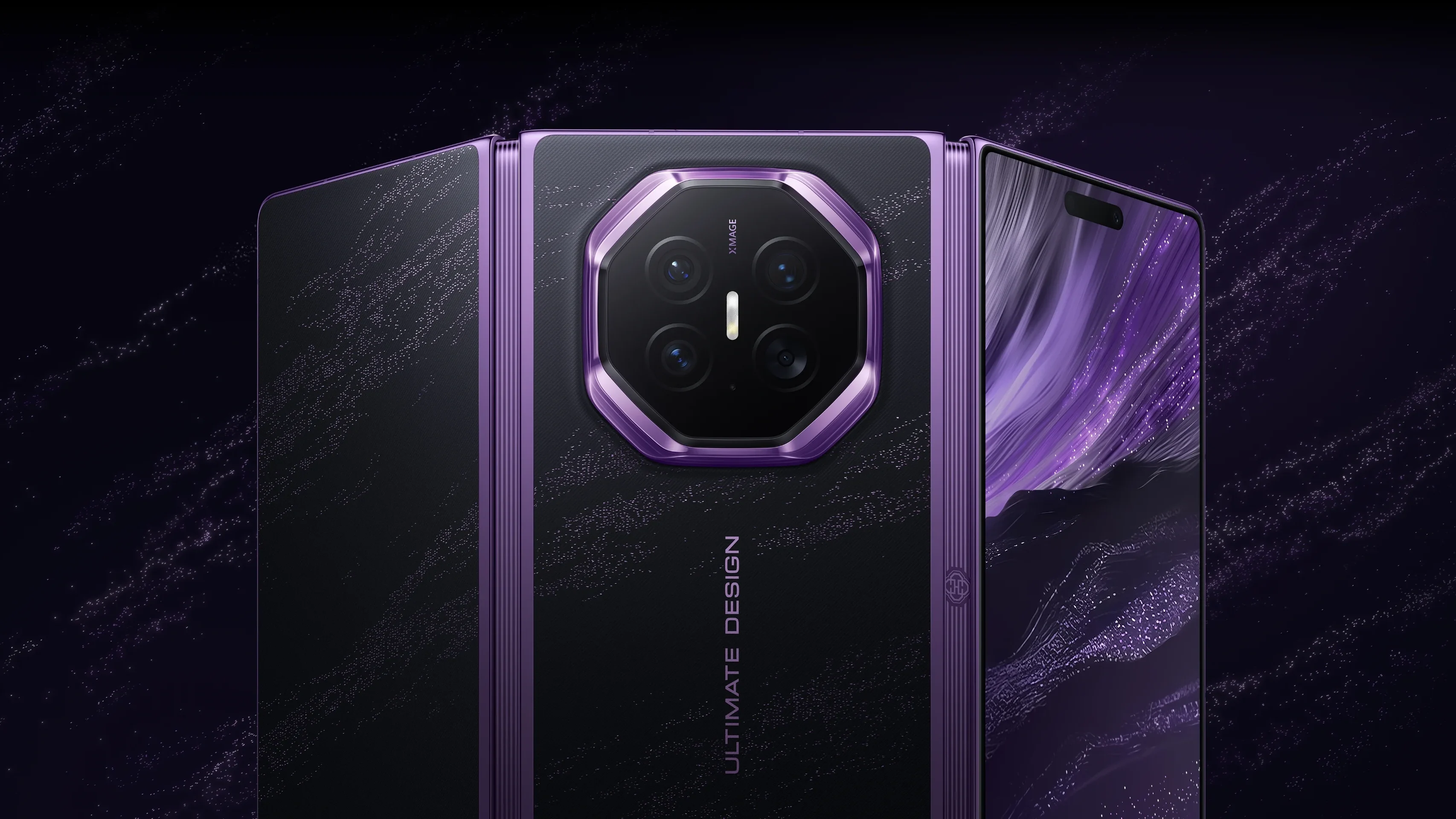 Imagem de um Huawei Mate XT 2 roxo em um fundo preto