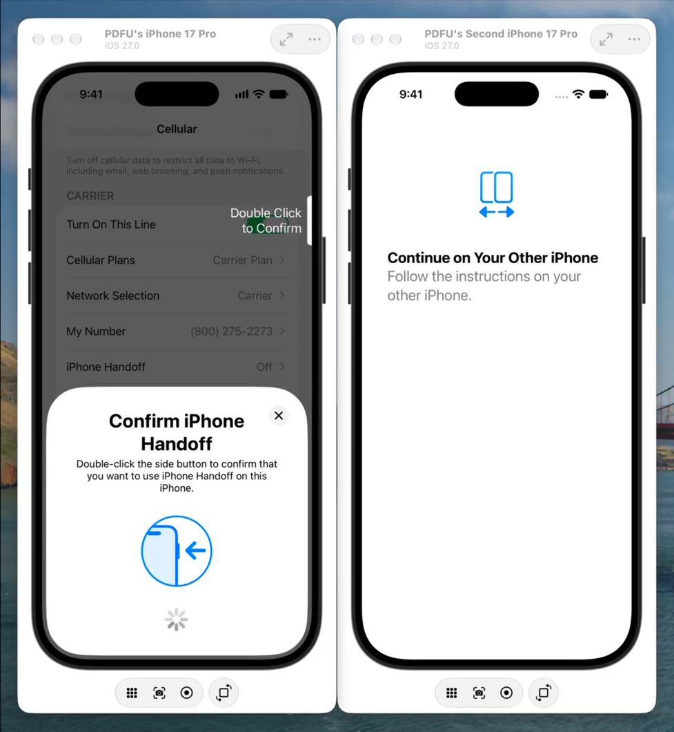 captura de tela mostrando as configurações do iPhone Handoff em dois aparelhos diferentes