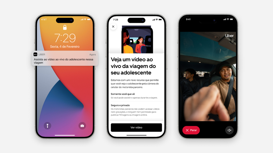 Três celulares com a Uber Adolescentes mostrando o recurso de notificação e vídeo ao vivo da viagem para responsáveis