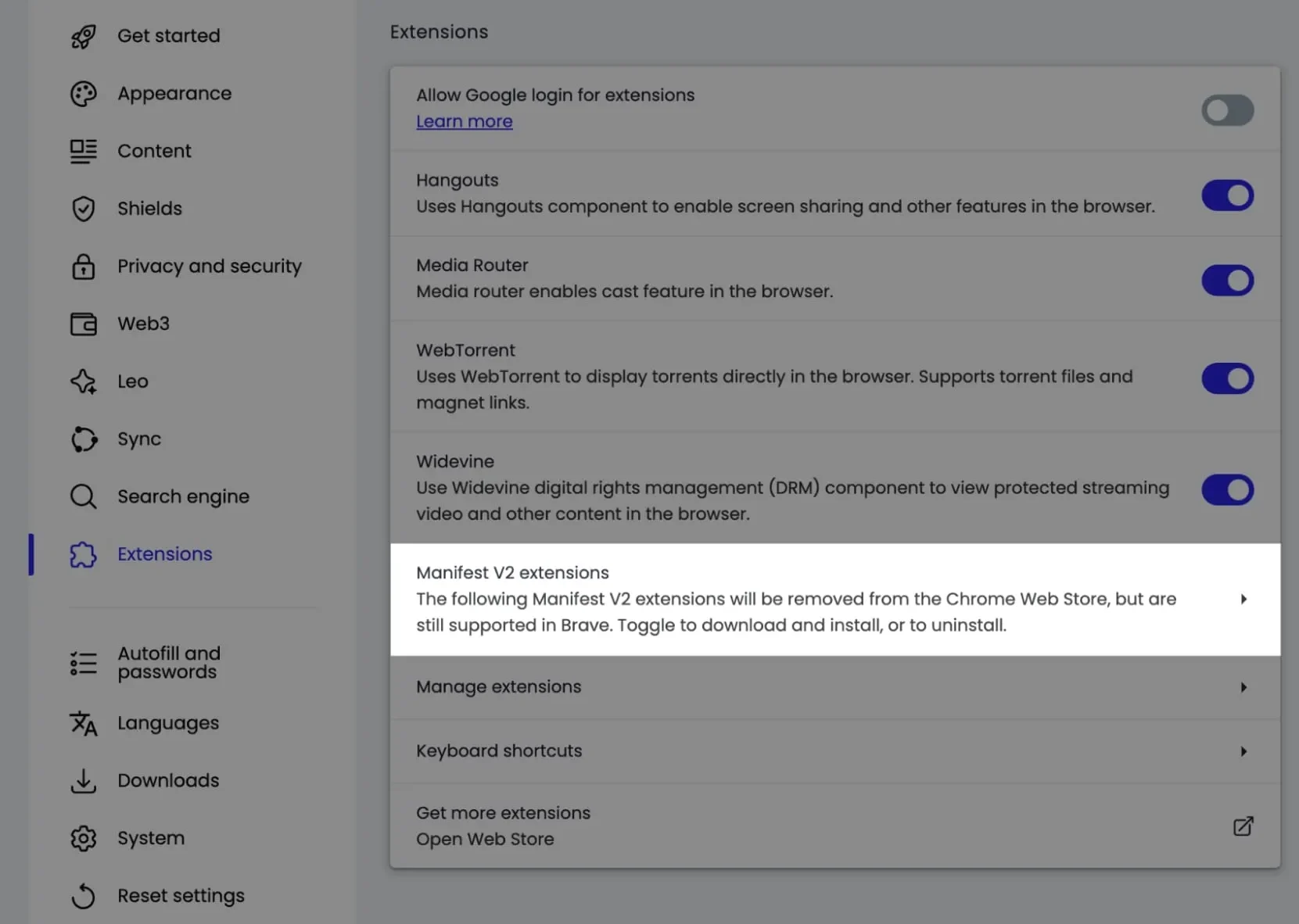 Captura de tela mostra configurações de extensões do navegador Brave