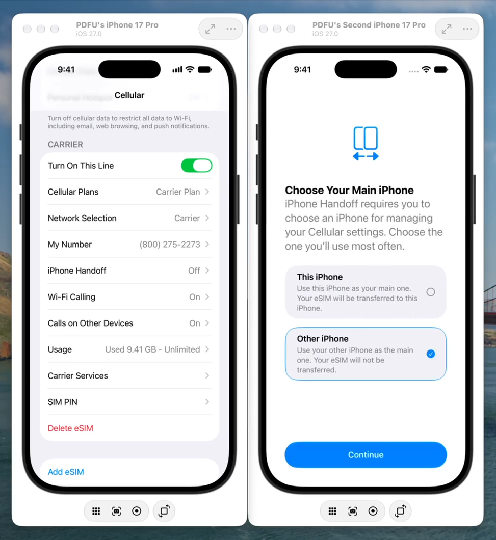 captura de tela mostrando as configurações do iPhone Handoff em dois aparelhos diferentes