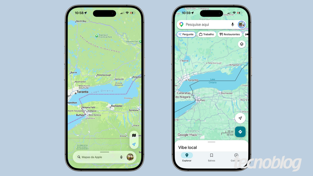 MapQuest dispara na App Store após ignorar ordem de Donald Trump 1 Capturas de tela mostrando região do Lago Ontário no Google Maps e no Mapas da Apple