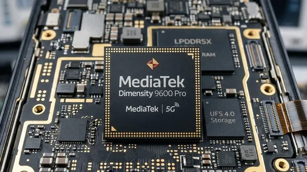Imagem mostra um chip MediaTek Dimensity 9600 Pro em um celular. A tampa traseira do aparelho está aberta, exibindo o processador