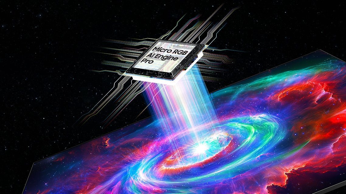 V com tecnologia Micro RGB Engine Pro exibindo uma imagem colorida de nebulosa espacial