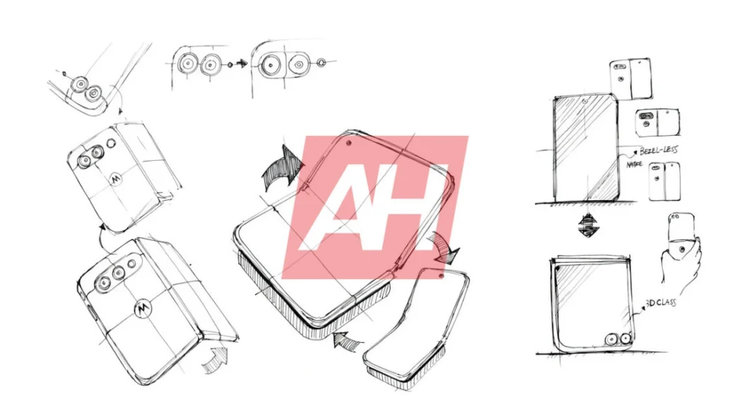 Imagem mostra um esboço de desenhos do possível novo celular dobrável da Motorola