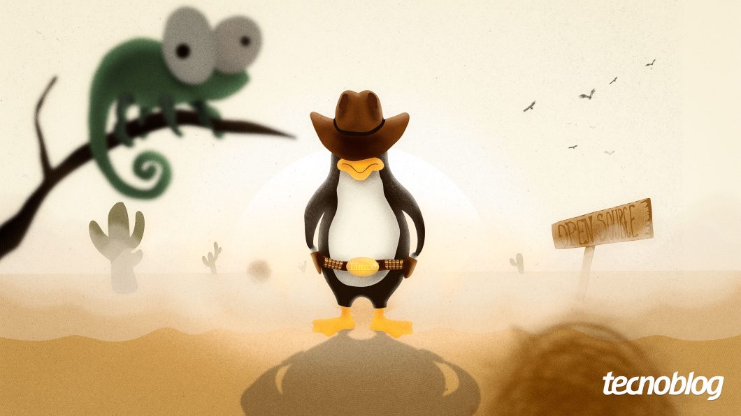 Imagem mostrando o Tux (mascote do Linux) com vestimentas de xerife em um deserto; um camaleão aparece na imagem como referência ao Notepad++