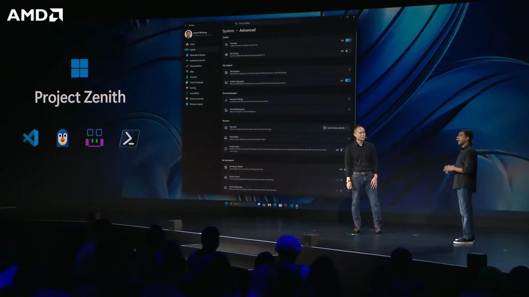 Tela do Project Zenith no palco da IFA, mostrando o Windows 11 “sem distrações” para rodar IA localmente com mais de 30 bilhões de parâmetros