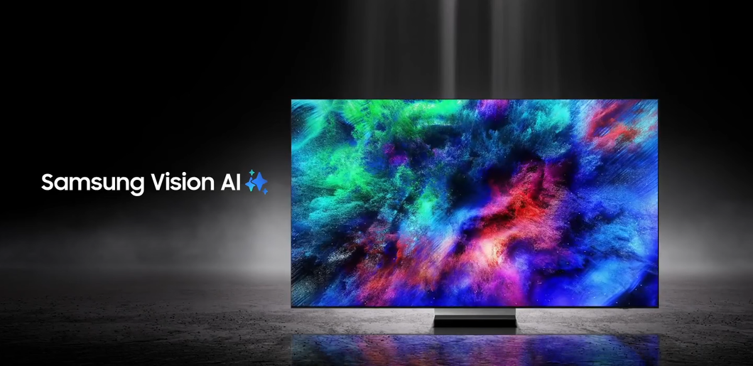 TV Samsung com Vision AI exibindo uma imagem abstrata colorida na tela