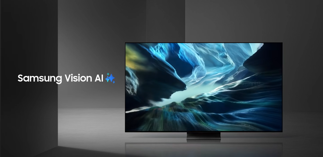 TV Samsung Vision AI exibindo uma paisagem abstrata em tons de azul sobre fundo escuro