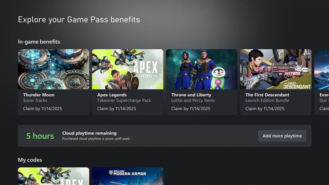 Captura de tela mostra a opção de adicionar mais horas de Cloud Gaming no Xbox